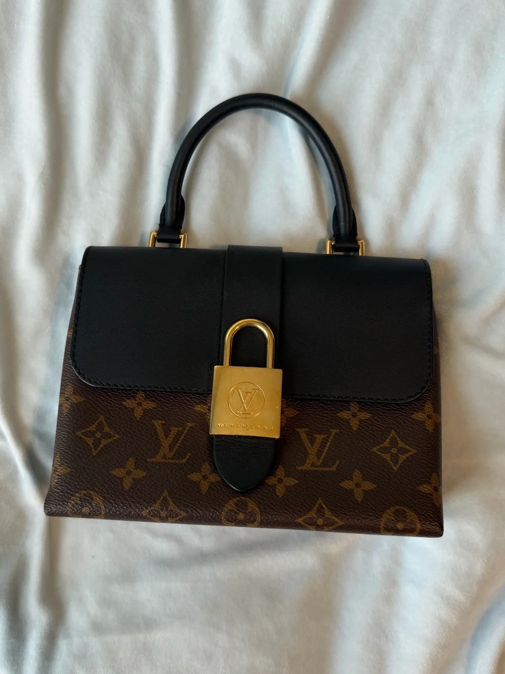 Louis Vuitton Black & Brown Monogram Top Handle Satchel with Gold Padlock